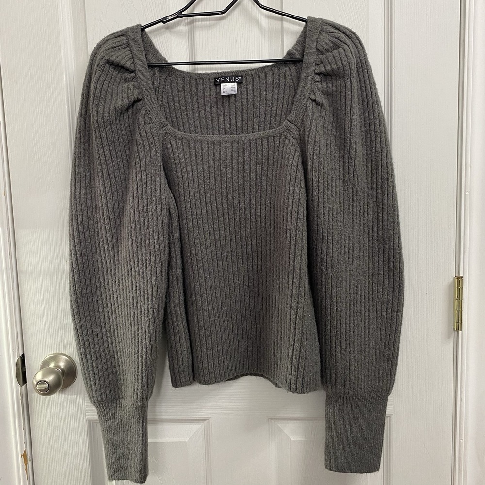 VENUS NWOT square‎ neck gray puff sleeve ribbed sweater size L Thick